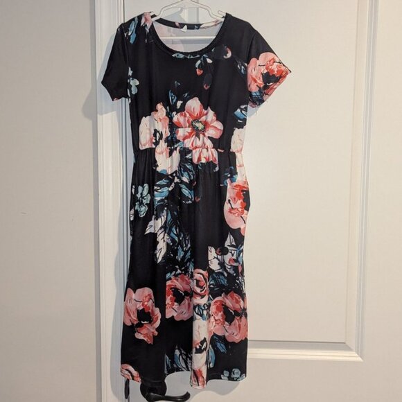 *3 FOR $9* Floral Print Navy Long Maxi Short Sleeve Dress with Pockets 110 4T 5T - Picture 1 of 2